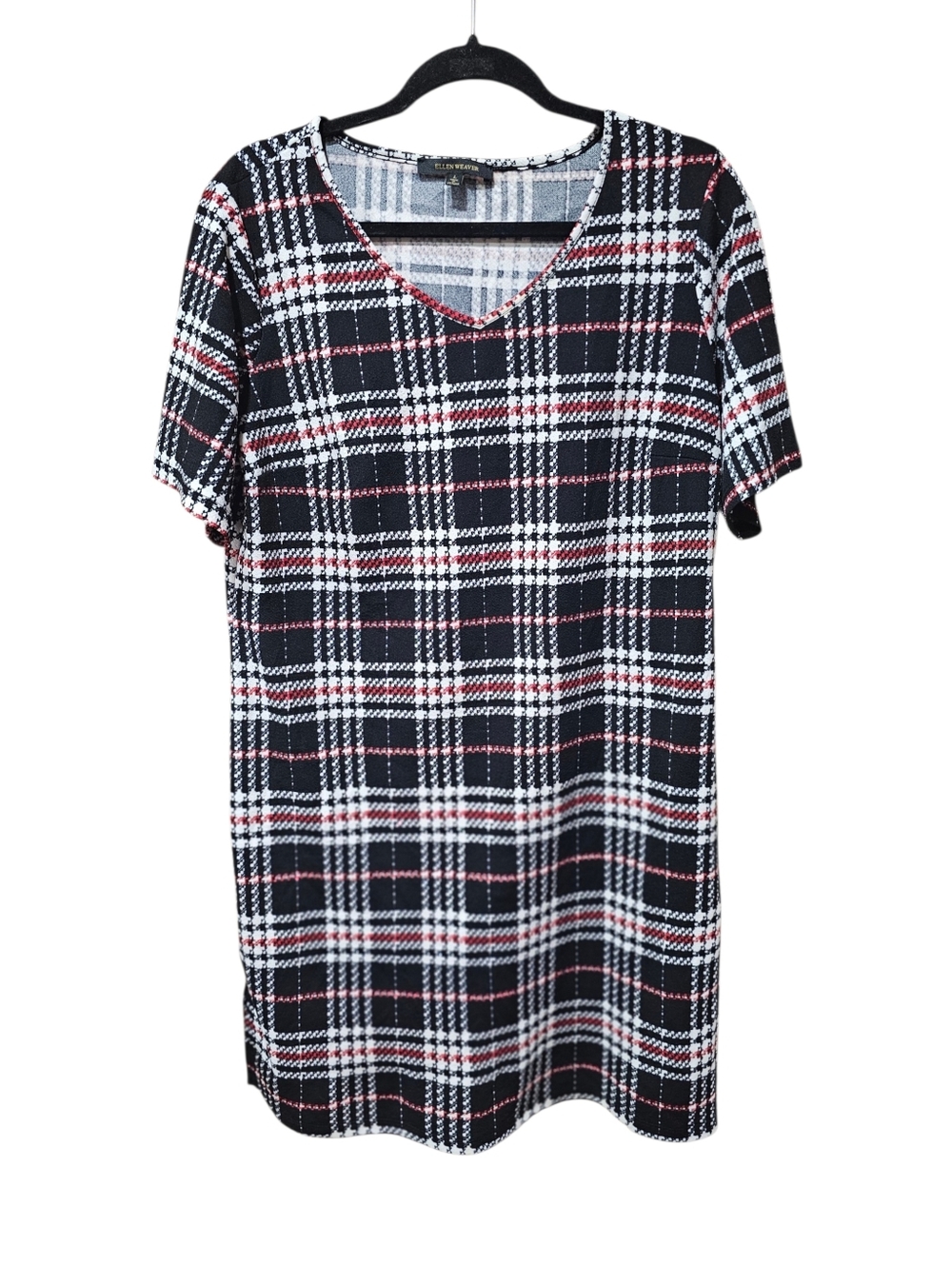 Ellen Weaver Plaid Tunic Top Women’s Large Black White Red V Neck Stretch